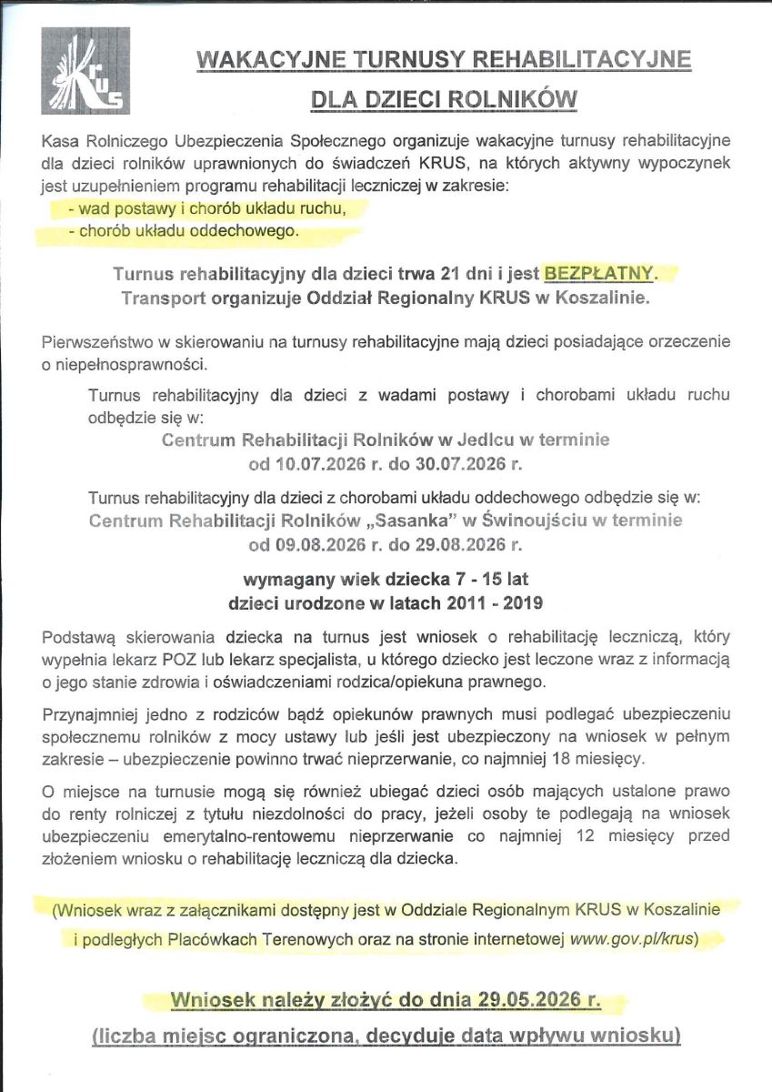 Zdjęcie: Wakacyjne turnusy rehabilitacyjne dla dzieci rolników