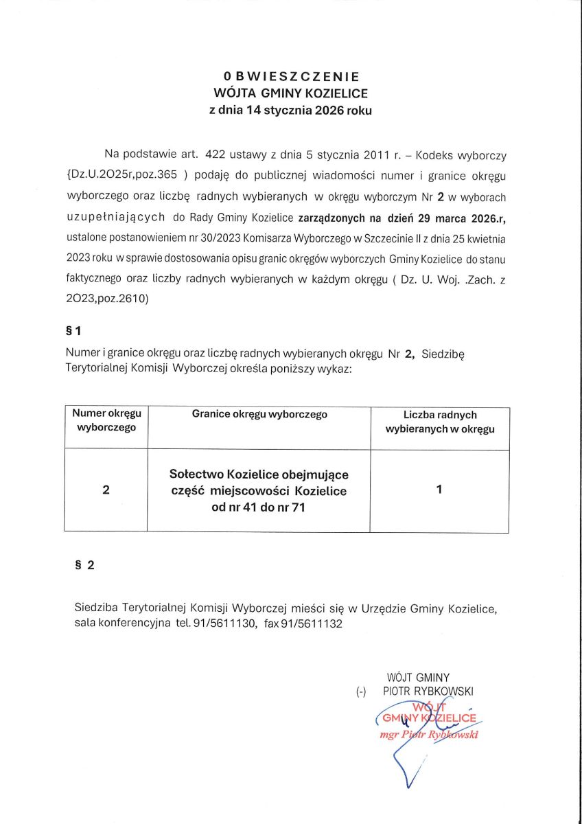 Zdjęcie: OBWIESZCZENIE WÓJTA GMINY KOZIELICE  z dnia 14 stycznia 2026 roku