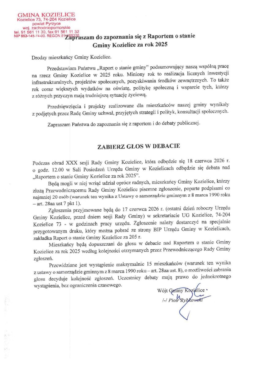Zdjęcie: Raport o stanie Gminy Kozielice za rok 2025