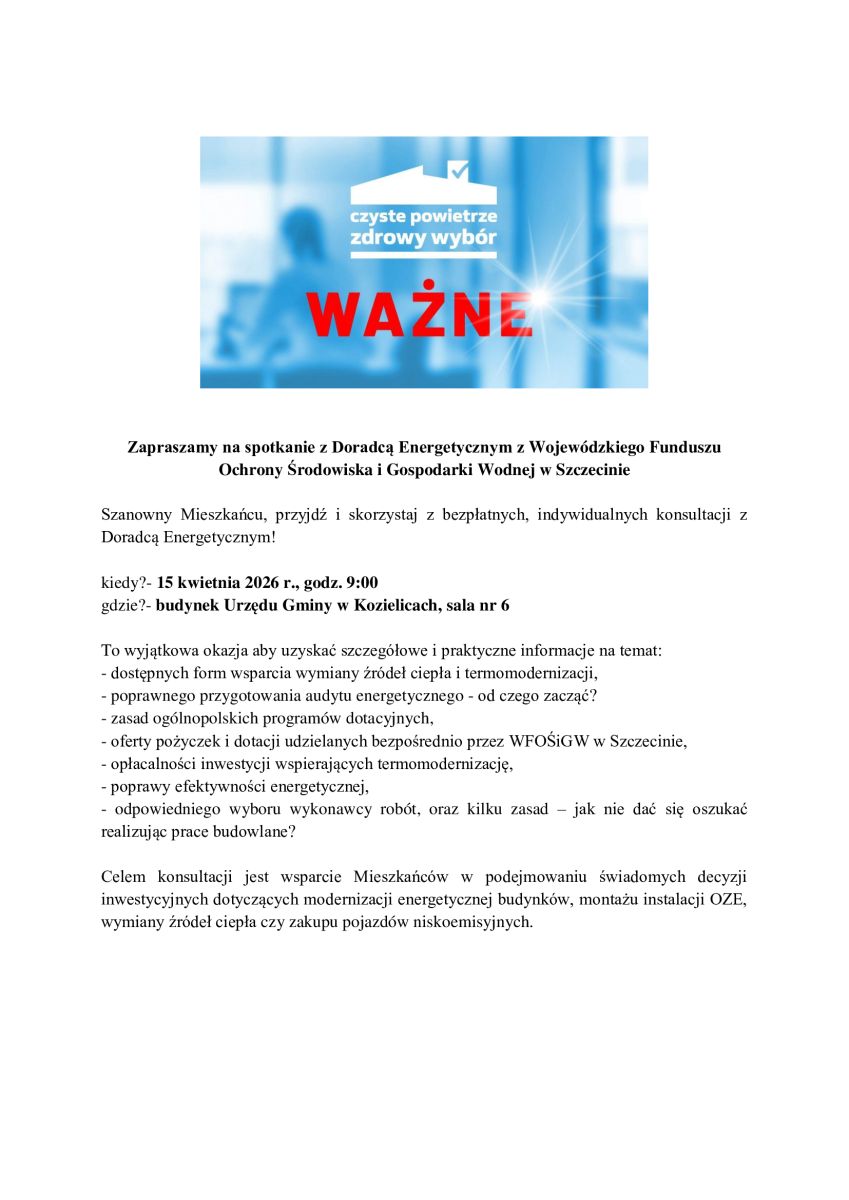 Zdjęcie: Zapraszamy na spotkanie z Doradcą Energetycznym z Wojewódzkiego Funduszu Ochrony Środowiska i Gospodarki Wodnej  w Szczecinie