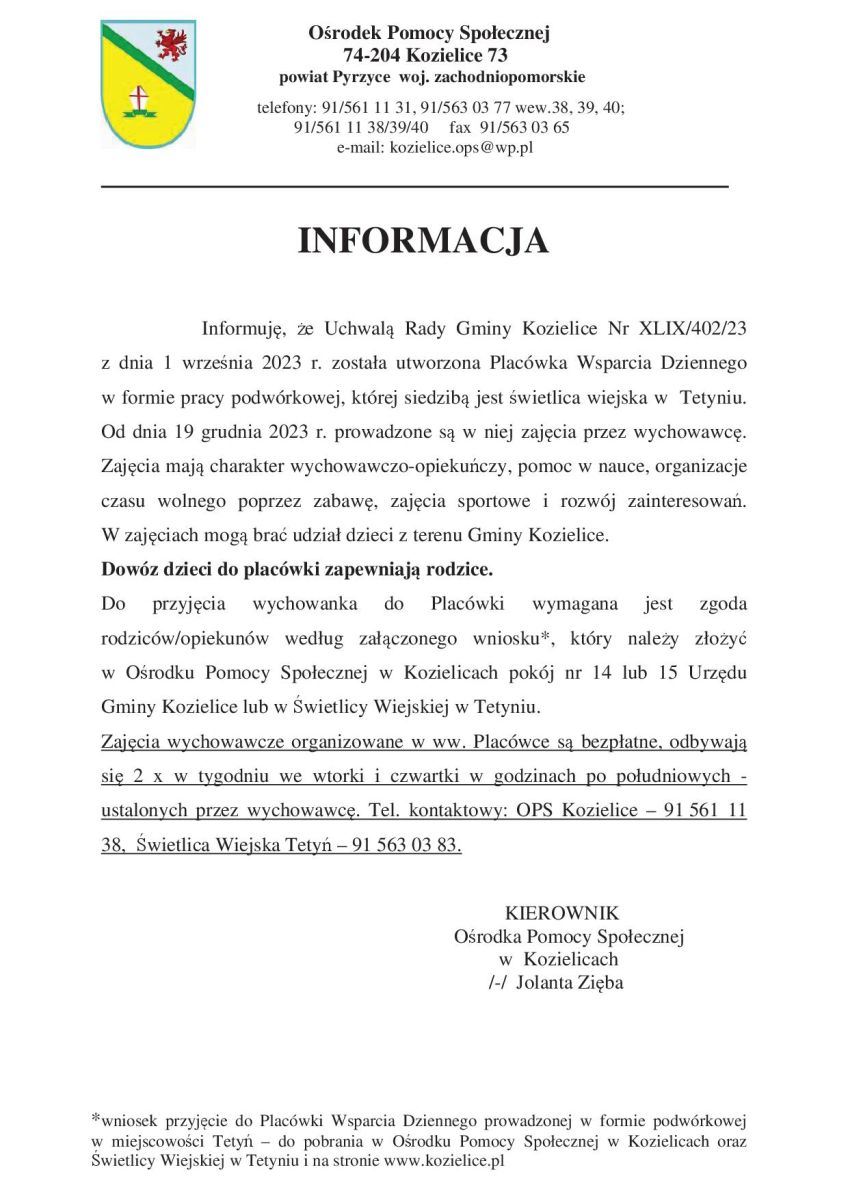 Zdjęcie: Informacja o utworzeniu Placówki Wsparcia Dziennego