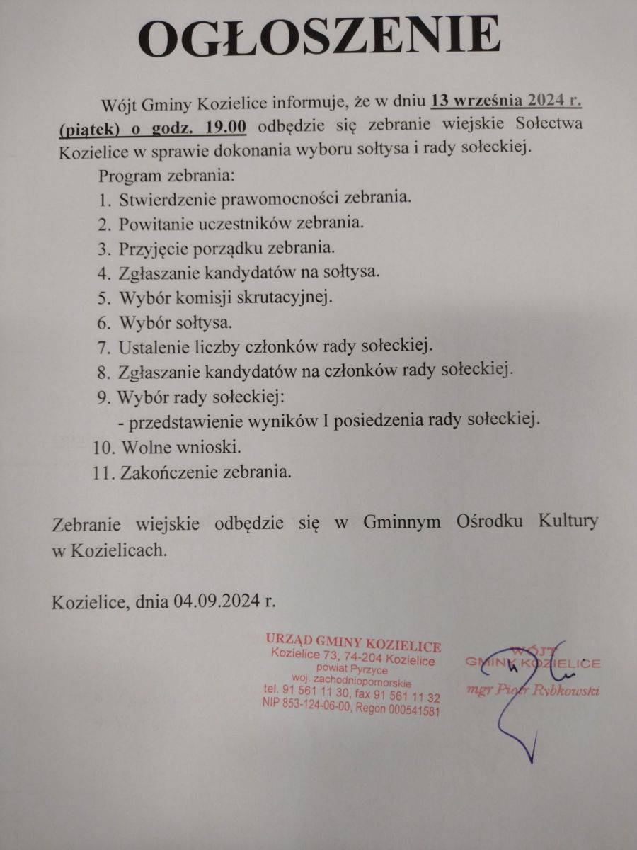 Zdjęcie: OGŁOSZENIE - zebranie wiejskie w Kozielicach