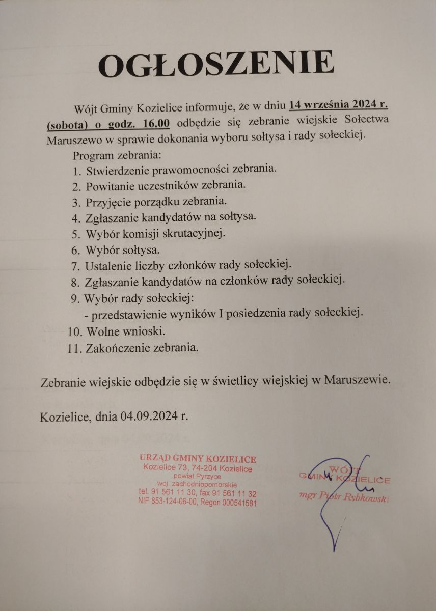 Zdjęcie: OGŁOSZENIE - zebranie wiejskie w Maruszewie