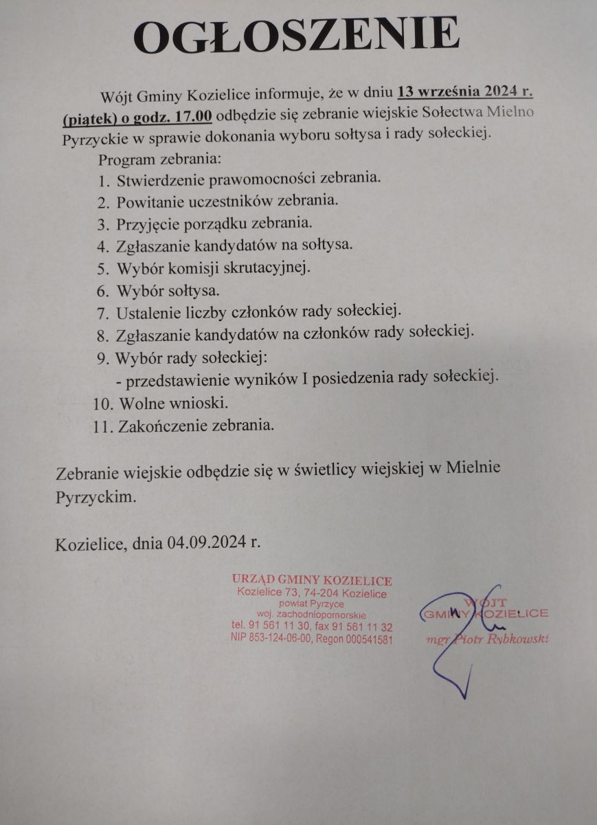 Zdjęcie: OGŁOSZENIE - zebranie wiejskie w Mielnie Pyrzyckim