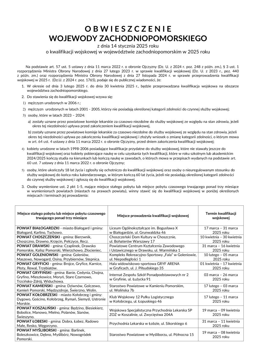 Zdjęcie: O B W I E S Z C Z E N I E WOJEWODY ZACHODNIOPOMORSKIEGO z dnia 14 stycznia 2025 roku o kwalifikacji wojskowej w województwie zachodniopomorskim w 2025 roku