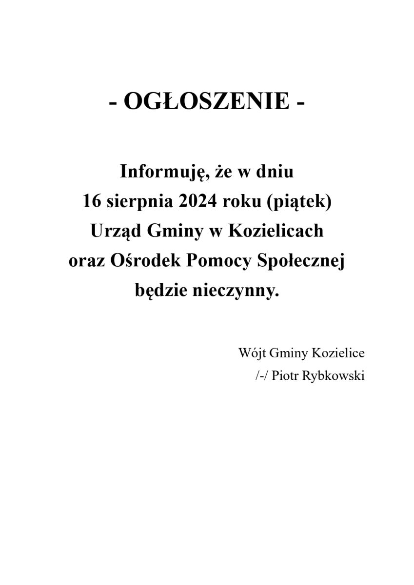 Zdjęcie: OGŁOSZENIE WÓJTA GMINY KOZIELICE