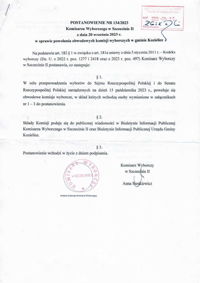 Zdjęcie: Obwieszczenie Nr 134/2023 Komisarza Wyborczego w Szczecinie II z dnia 20 września 2023 r. w sprawie powołania obwodowych komisji wyborczych w gminie Kozielice
