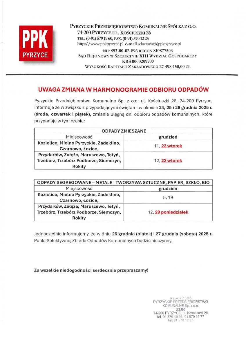 Zdjęcie: UWAGA ZMIANA W HARMONOGRAMIE ODBIORU ODPADÓW