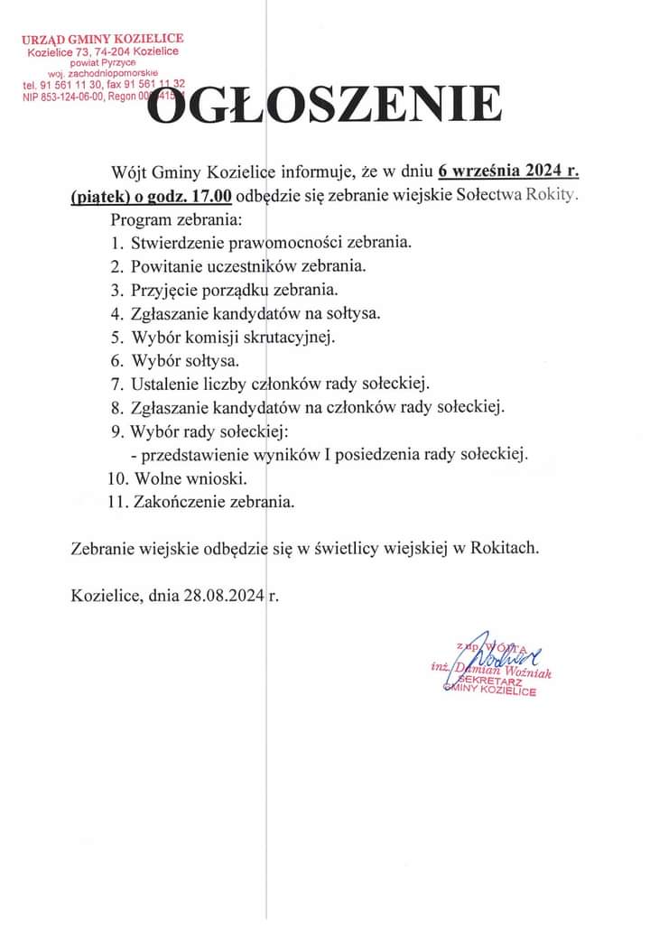 Zdjęcie: OGŁOSZENIE - zebranie wiejskie w Rokitach