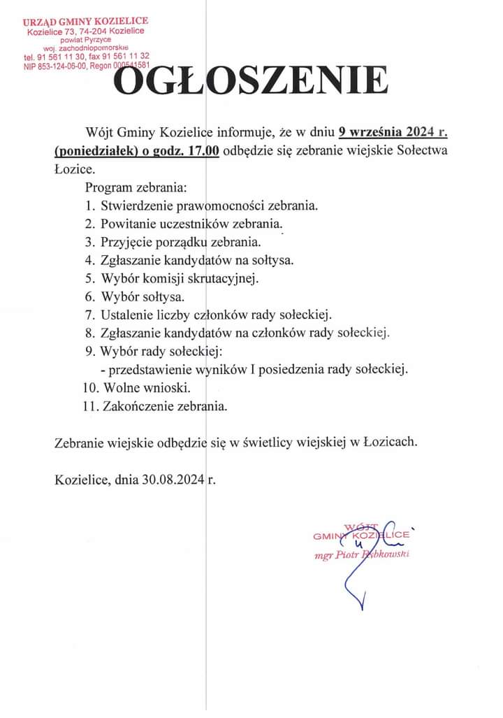 Zdjęcie: OGŁOSZENIE - zebranie wiejskie w Łozicach