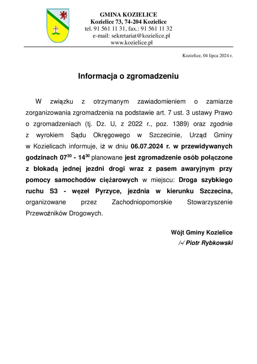 Zdjęcie: Informacja o zgromadzeniu S3 węzeł Pyrzyce w dniu 06.07.2024