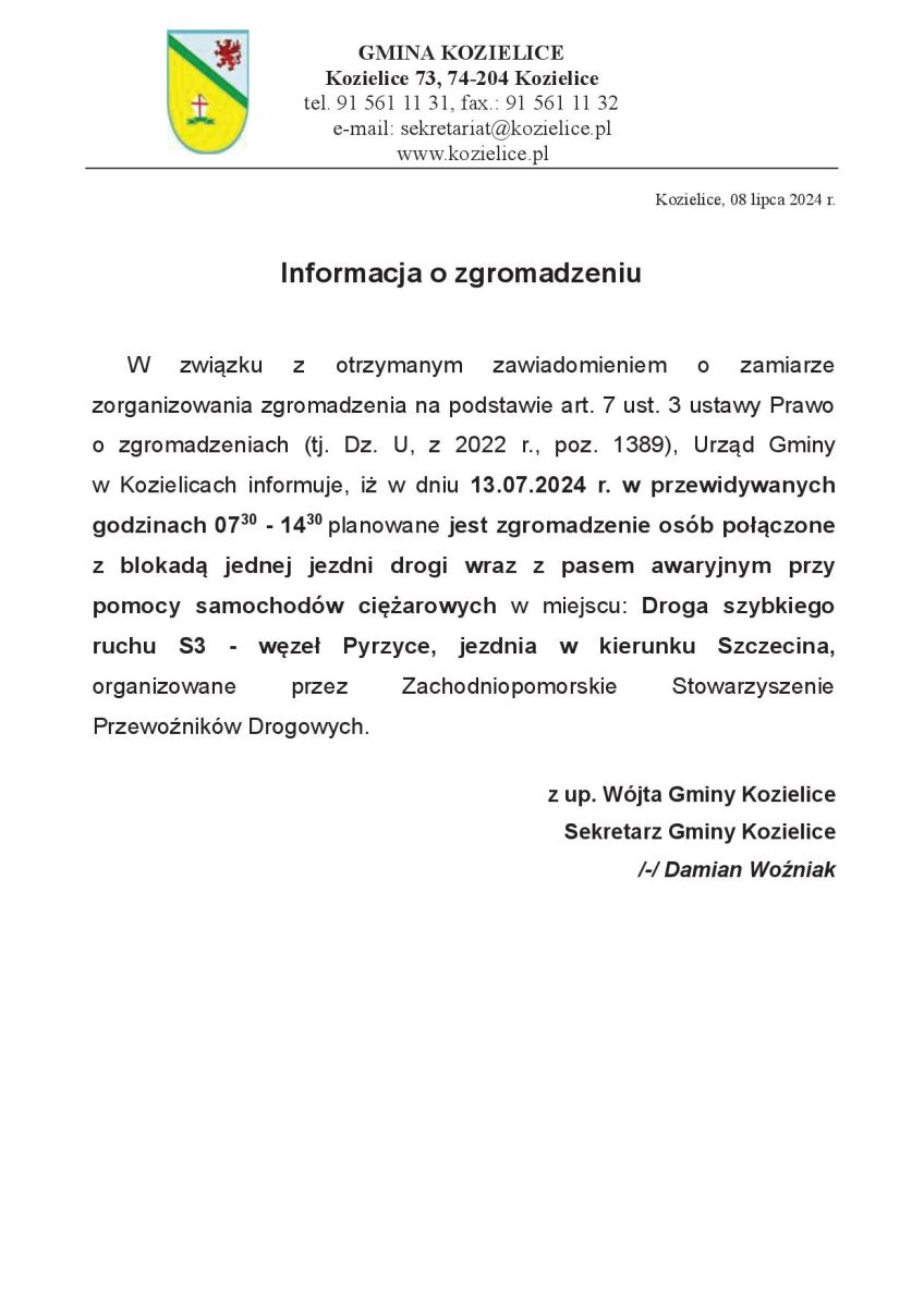 Zdjęcie: Informacja o zgromadzeniu S3 węzeł Pyrzyce w dniu 13.07.2024