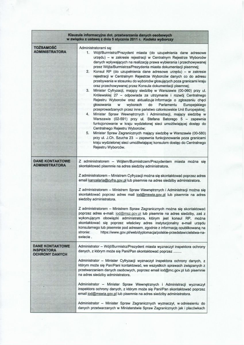 Zdjęcie: Klauzula informacyjna dot. przetwarzania danych osobowych w związku z ustawą z dnia 5 stycznia 2011 r. Kodeks wyborczy