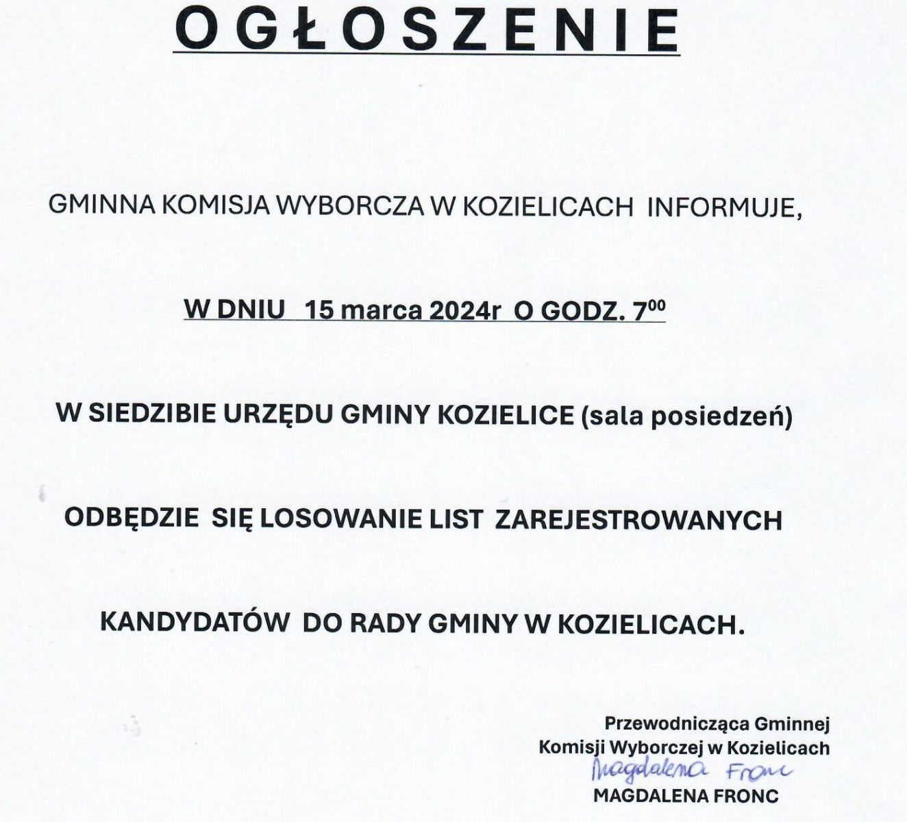 Zdjęcie: OGŁOSZENIE GMINNEJ KOMISJI WYBORCZEJ W KOZIELICACH